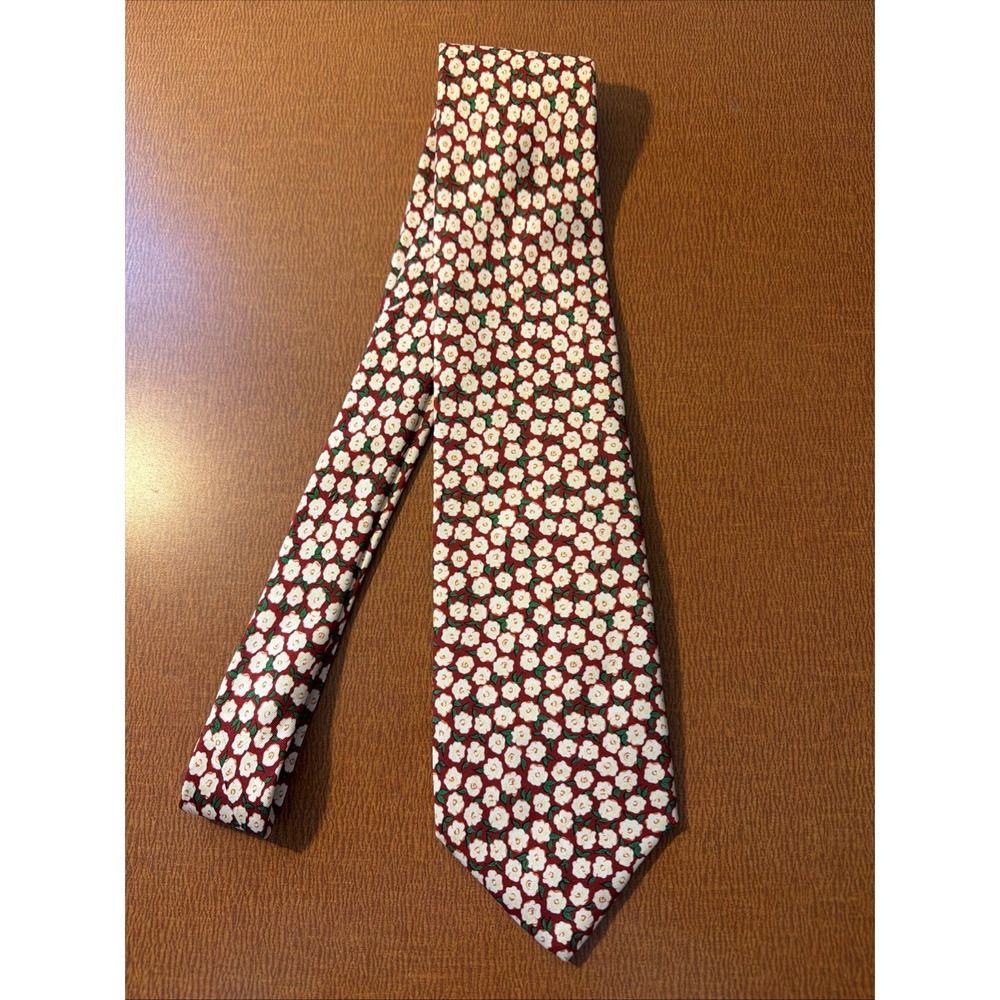 Brooks Brithers All Silk Tie White Flowes Red Background 57"